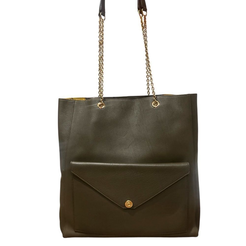 CELINE Olive Green Leather Large Envelope Pocket Tote Bag Chainlink Strap Ex+